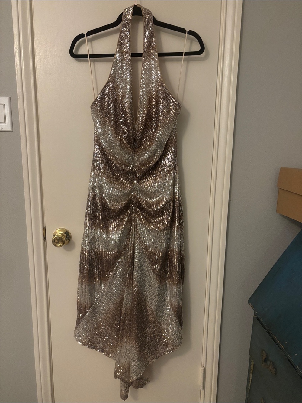 Badgley Mischka Belle Sequined Halter Asymmetrical Dress in Champagne and Silver